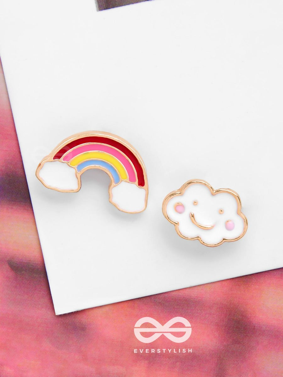 Fluffy Rainbow Dreams - Golden Embellished Stud Earrings