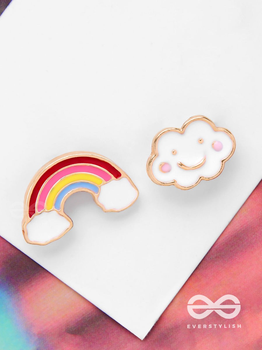 Fluffy Rainbow Dreams - Golden Embellished Stud Earrings