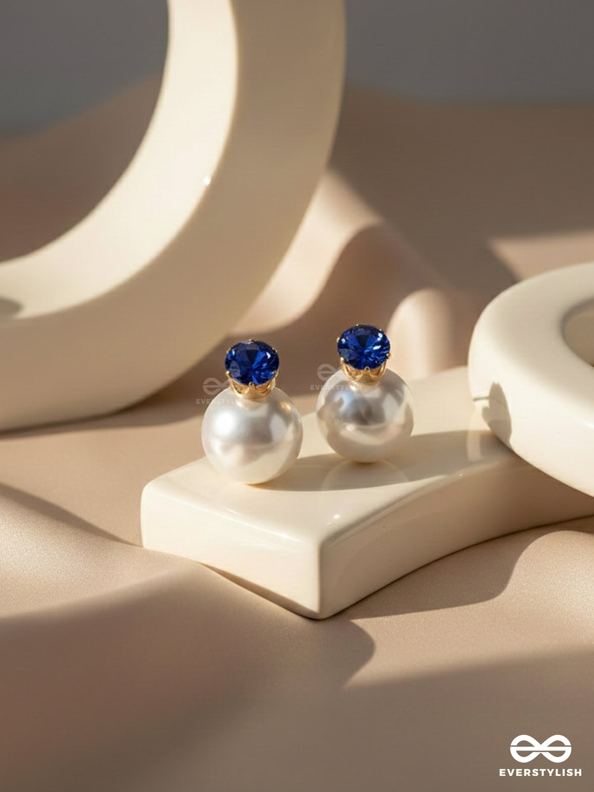 A Mystic Pearl - Golden Embellished Earrings (Dark Blue)