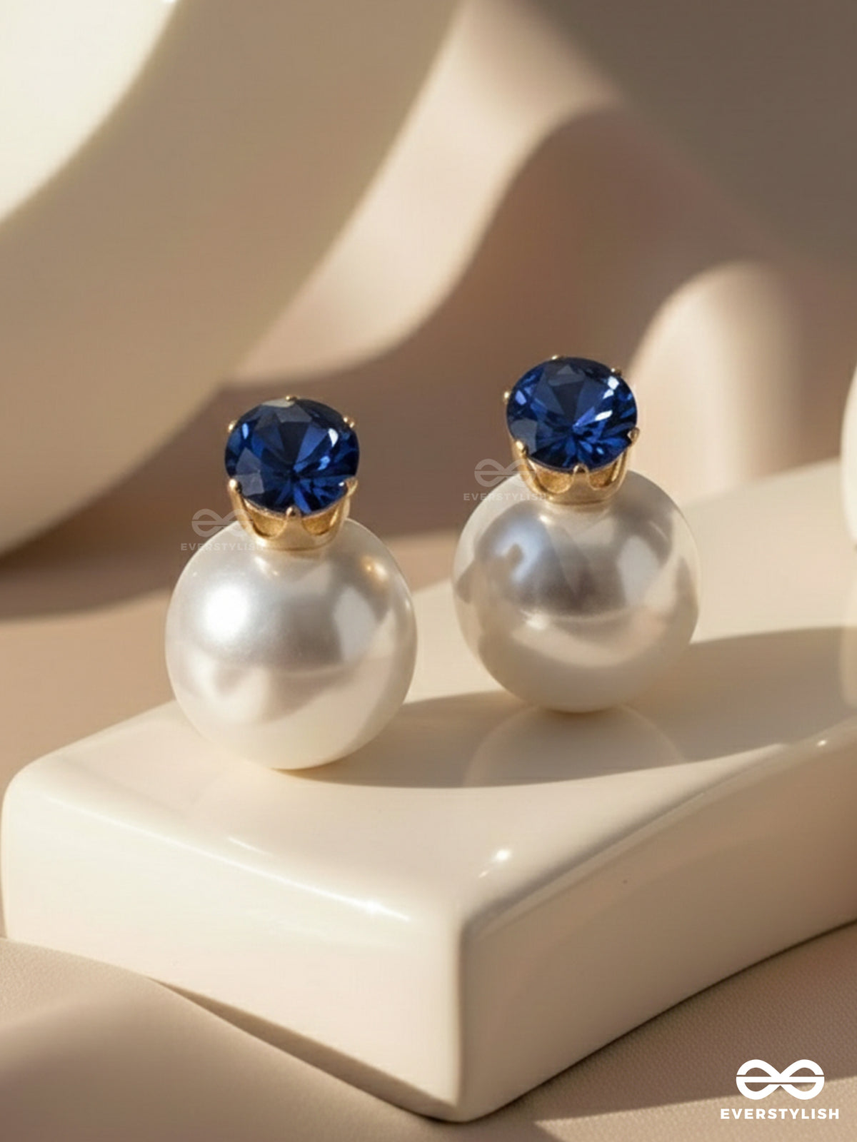 A Mystic Pearl - Golden Embellished Earrings (Dark Blue)