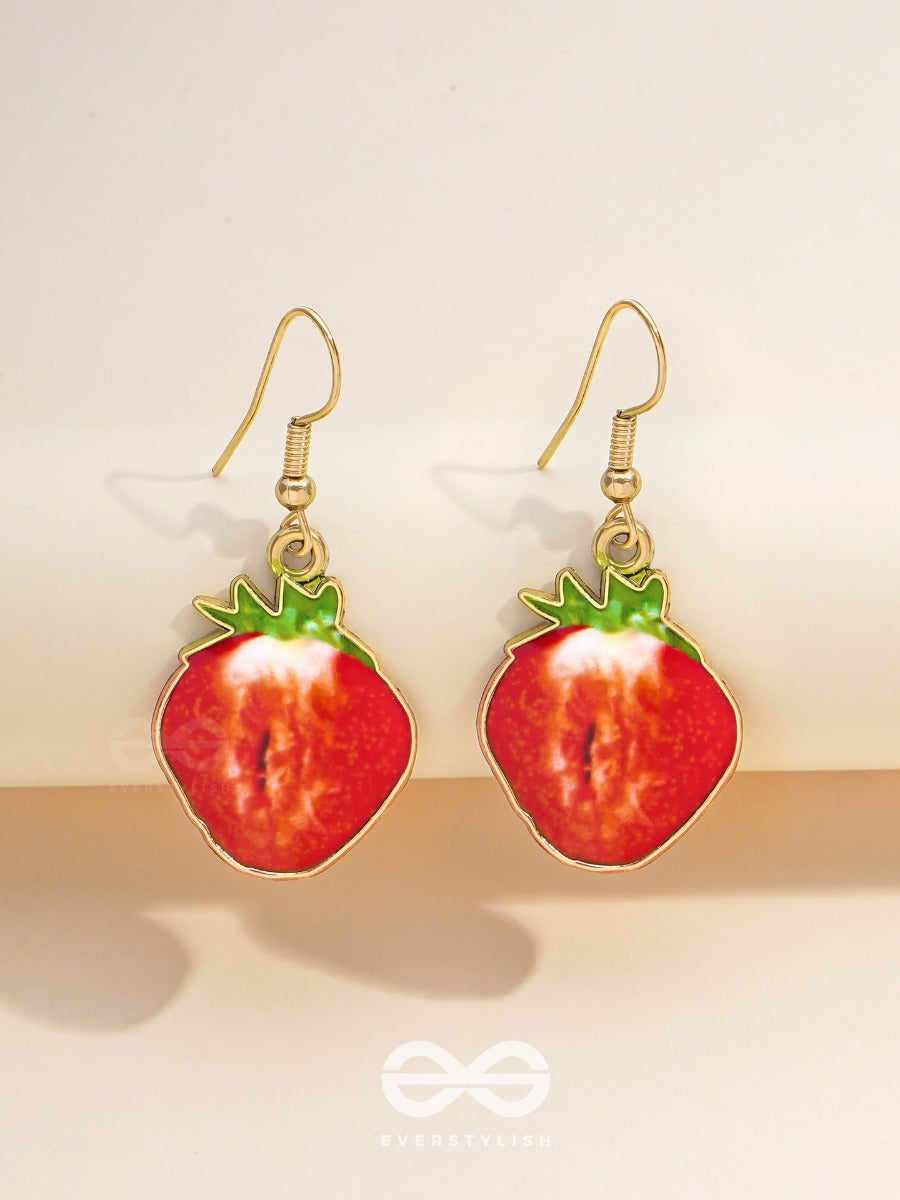 Sizzling Strawberry Slices - Golden Embellished Earrings