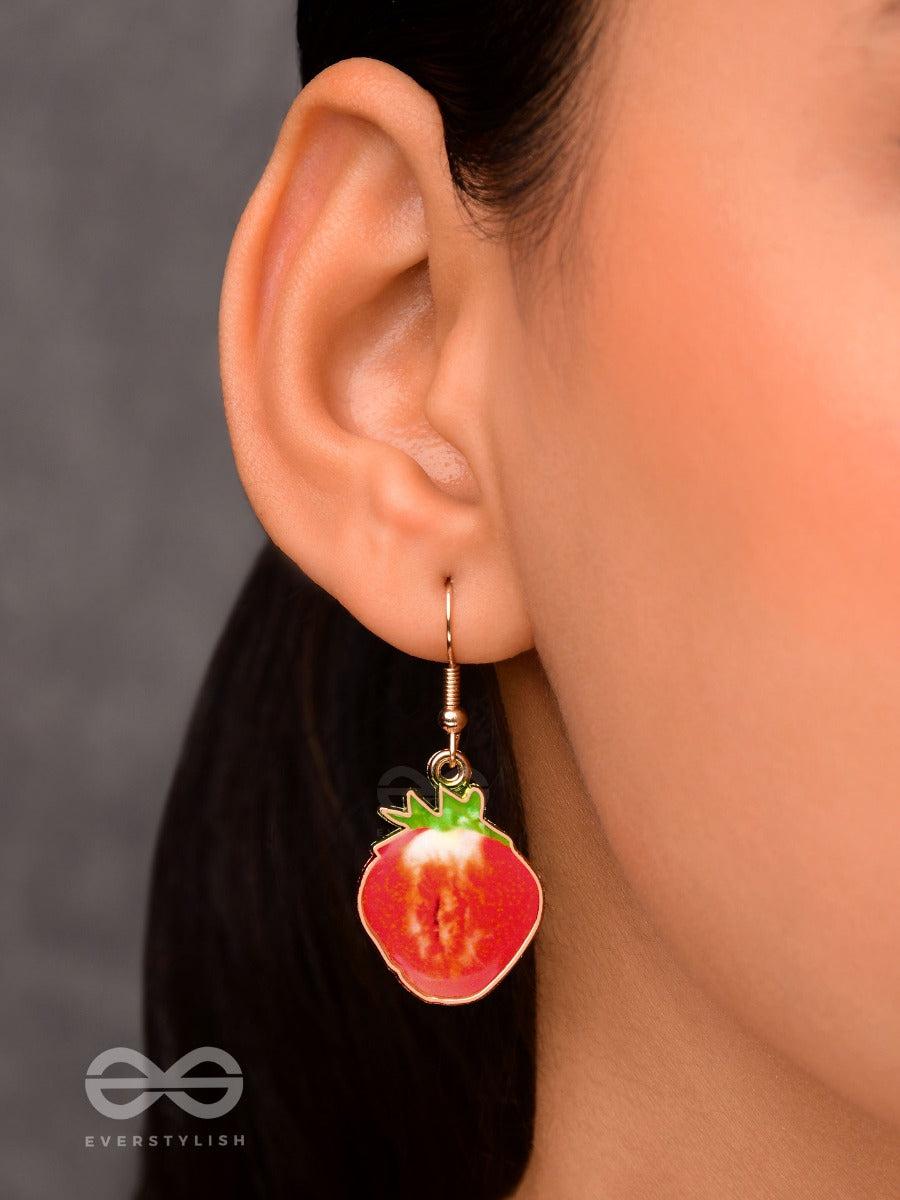 Sizzling Strawberry Slices - Golden Embellished Earrings