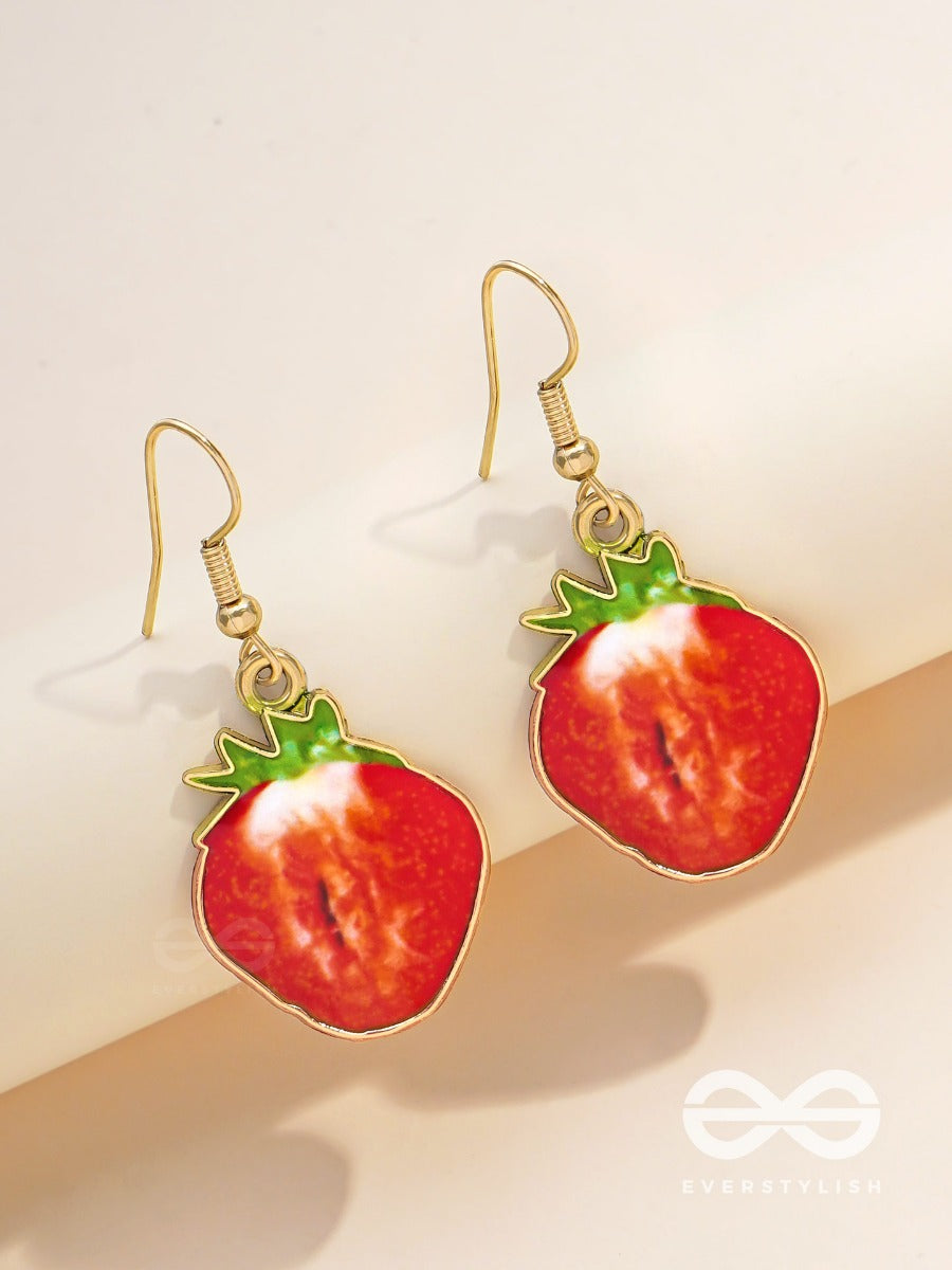 Sizzling Strawberry Slices - Golden Embellished Earrings