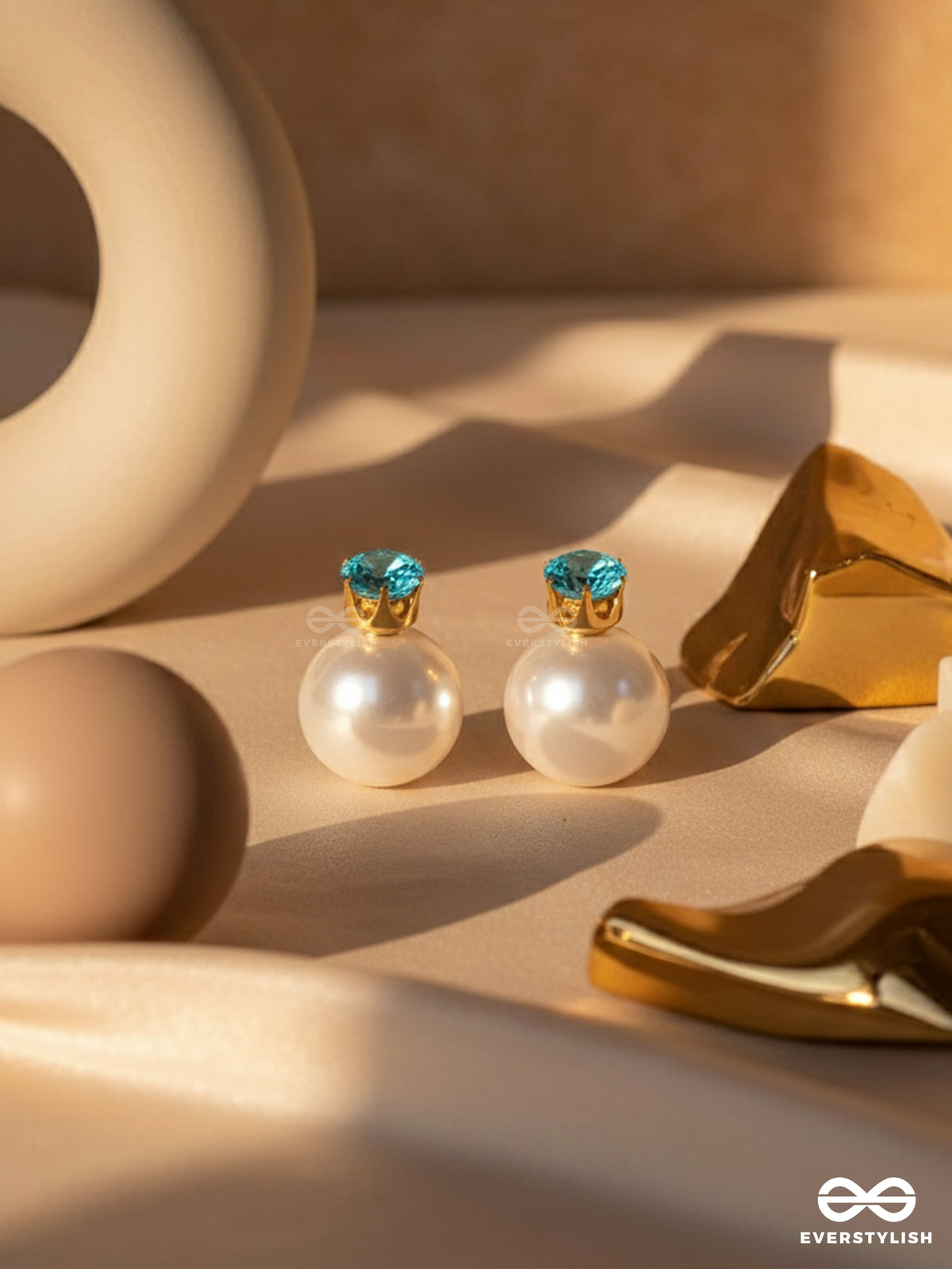 A Mystic Pearl - Golden Embellished Earrings (Light Blue)