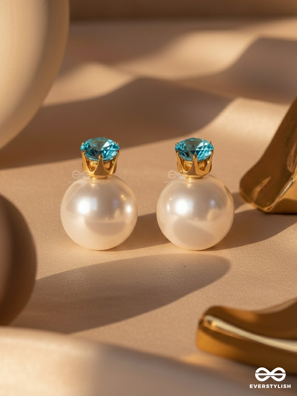 A Mystic Pearl - Golden Embellished Earrings (Light Blue)