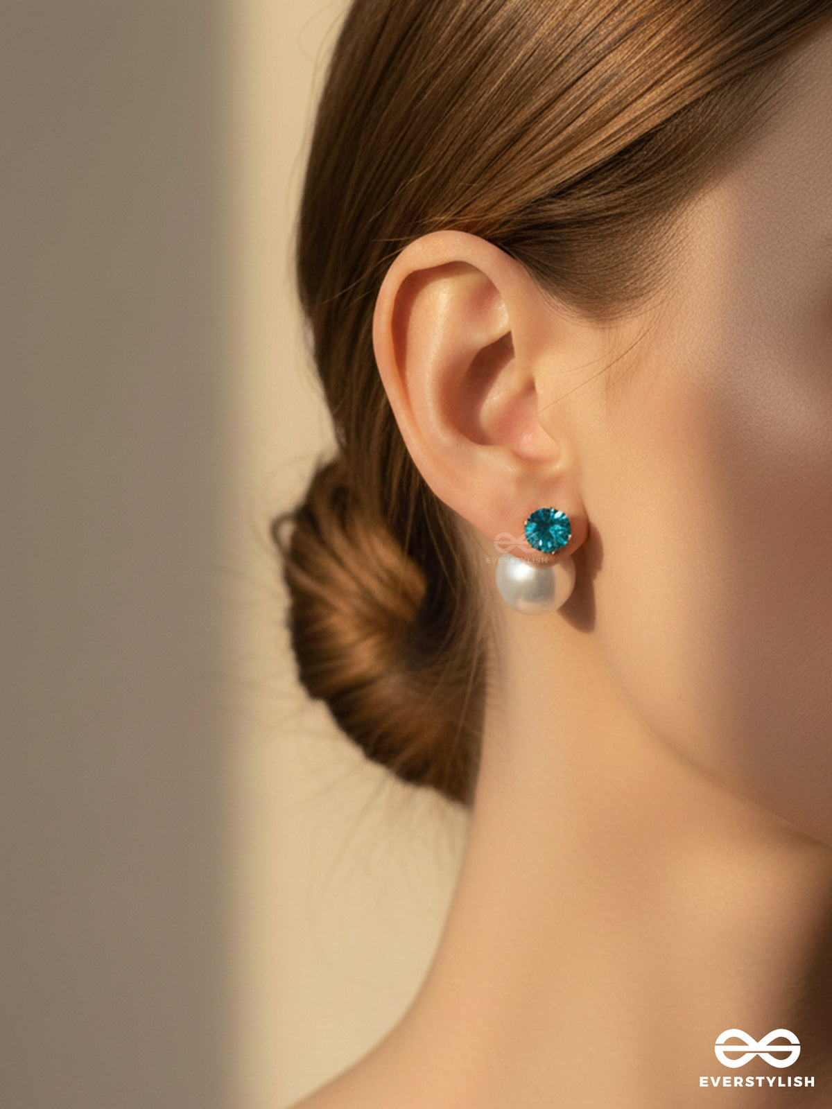A Mystic Pearl - Golden Embellished Earrings (Light Blue)