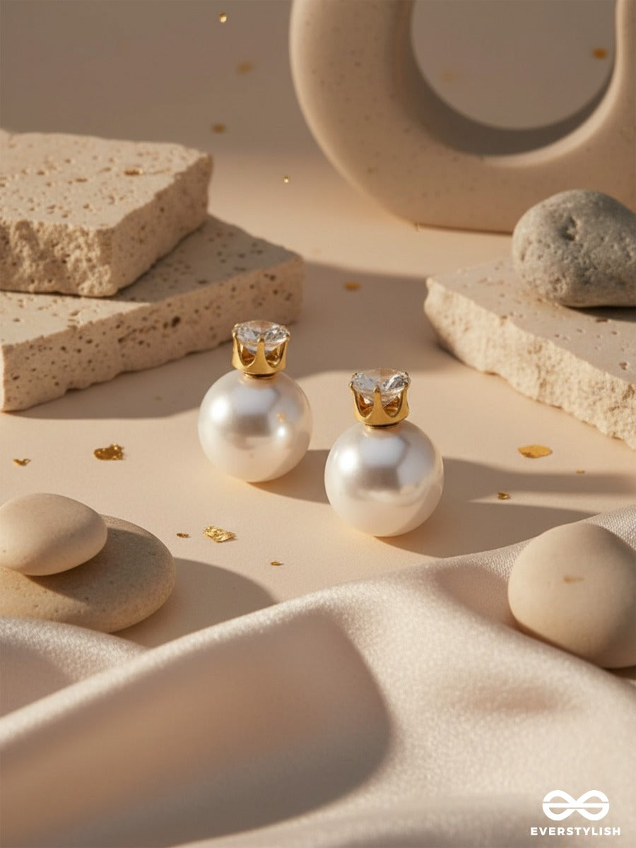 A Mystic Pearl - Golden Embellished Earrings (White)