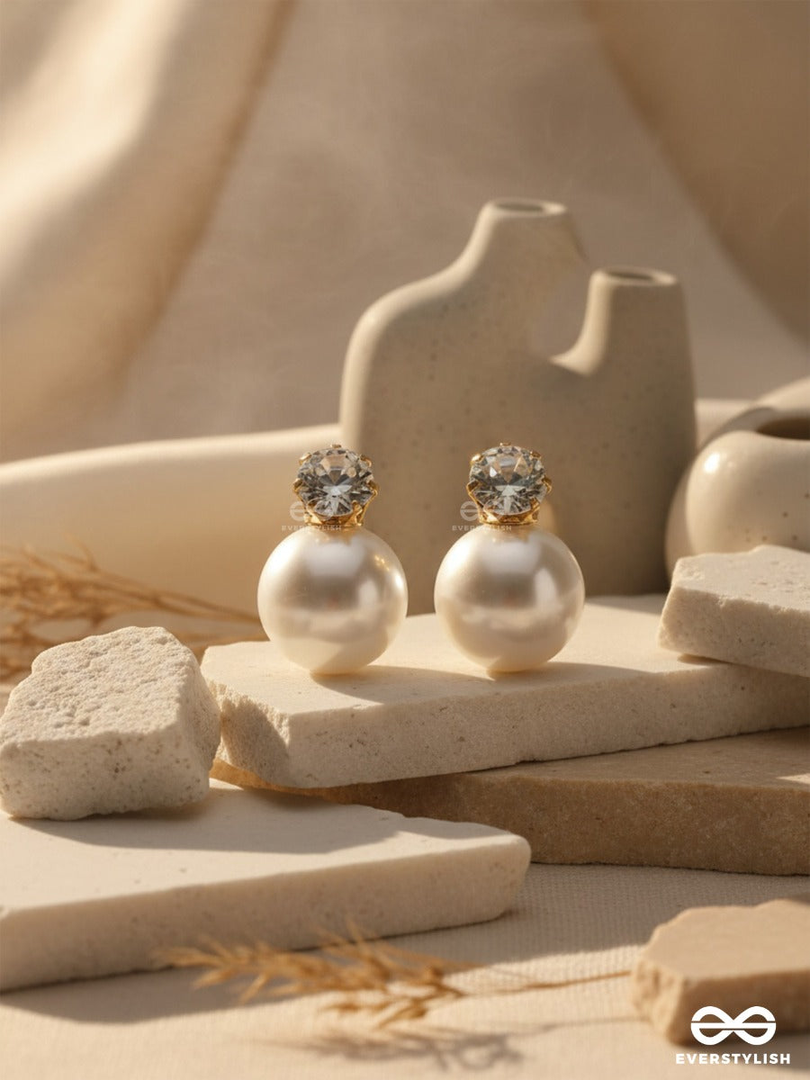 A Mystic Pearl - Golden Embellished Earrings (White)