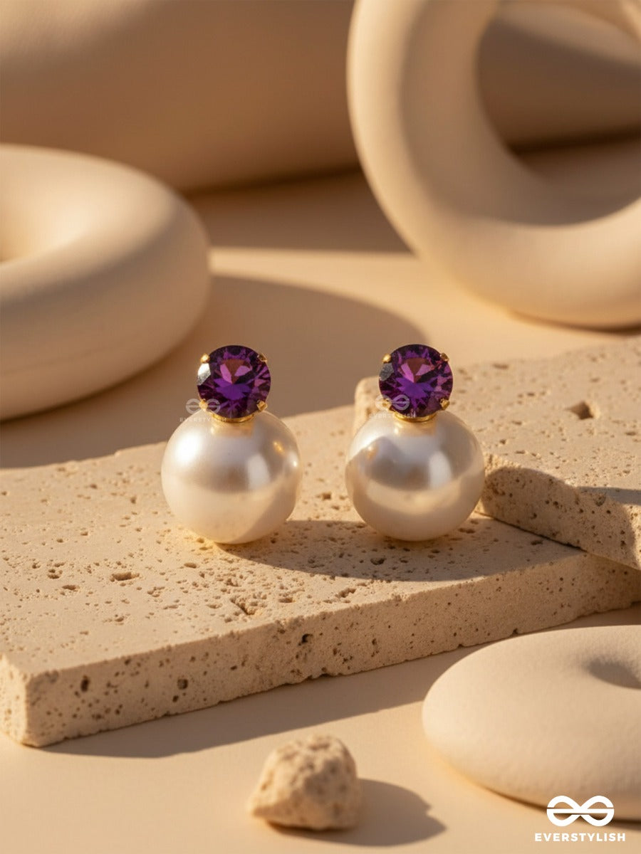 A Mystic Pearl - Golden Embellished Earrings (Violet)