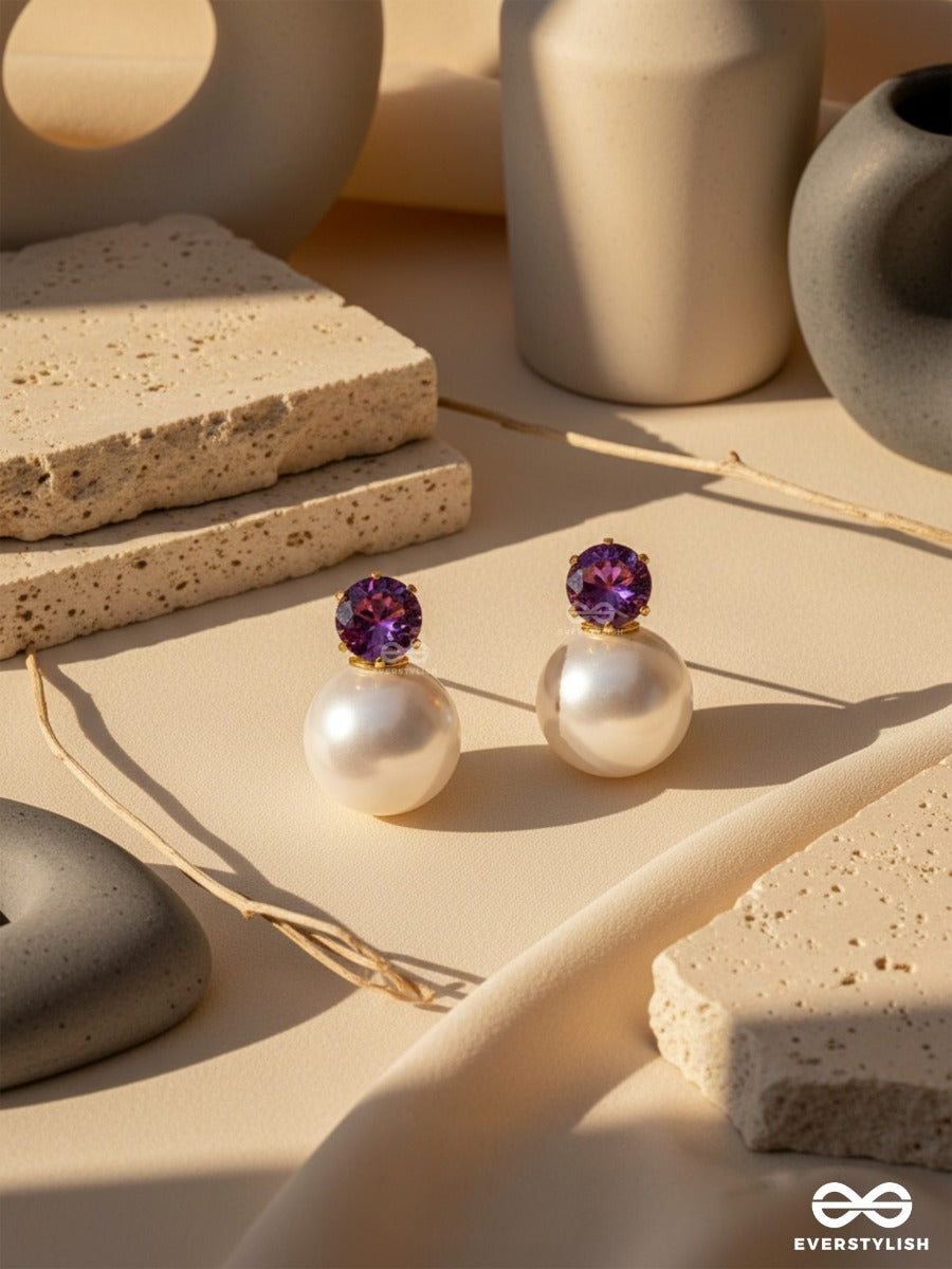 A Mystic Pearl - Golden Embellished Earrings (Violet)