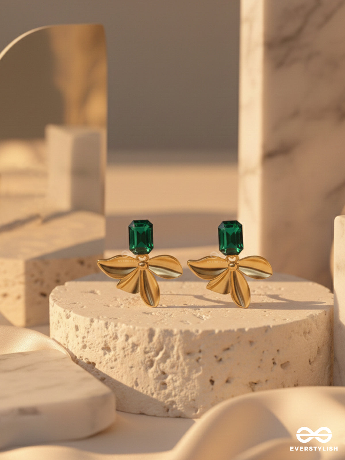 Emerald Dreams - Golden Embellished Earrings