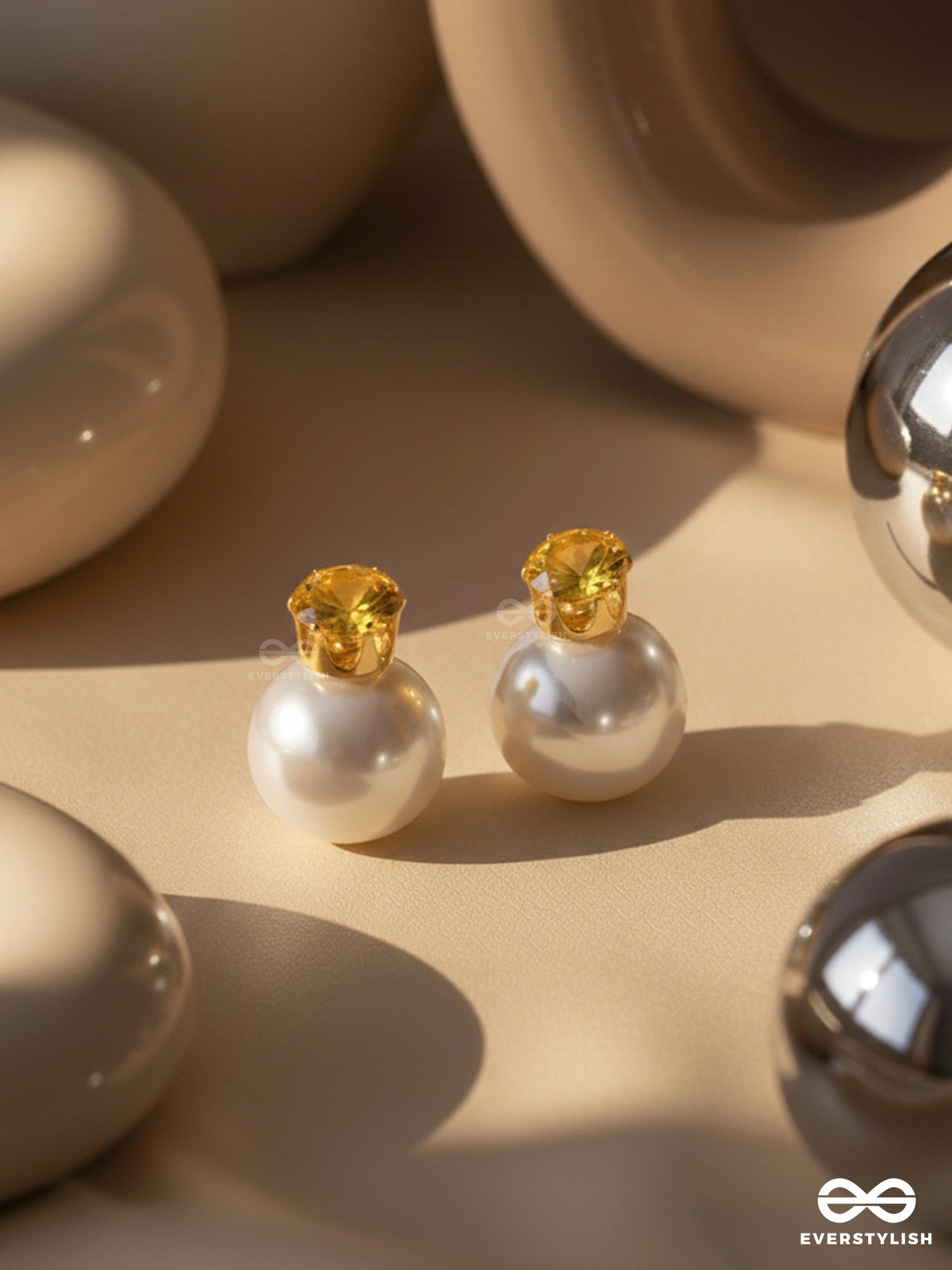 A Mystic Pearl - Golden Embellished Earrings (Yellow)