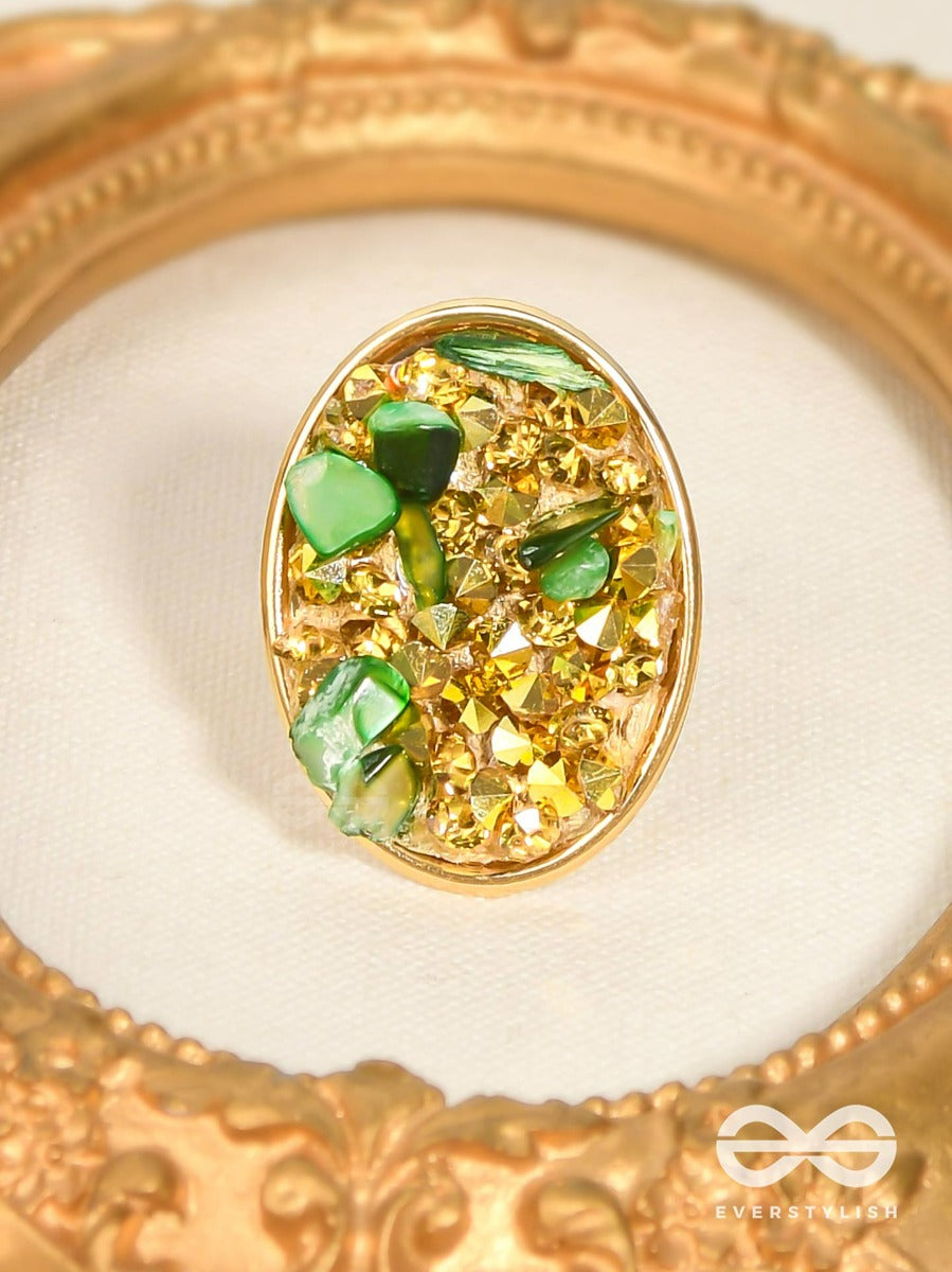 Sparkles & Stones - Golden Embellished Ring (Green) (Adjustable)