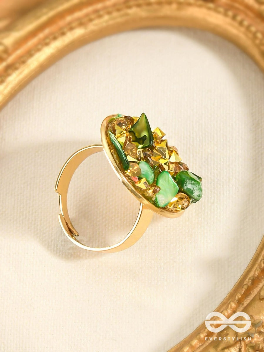 Sparkles & Stones - Golden Embellished Ring (Green) (Adjustable)