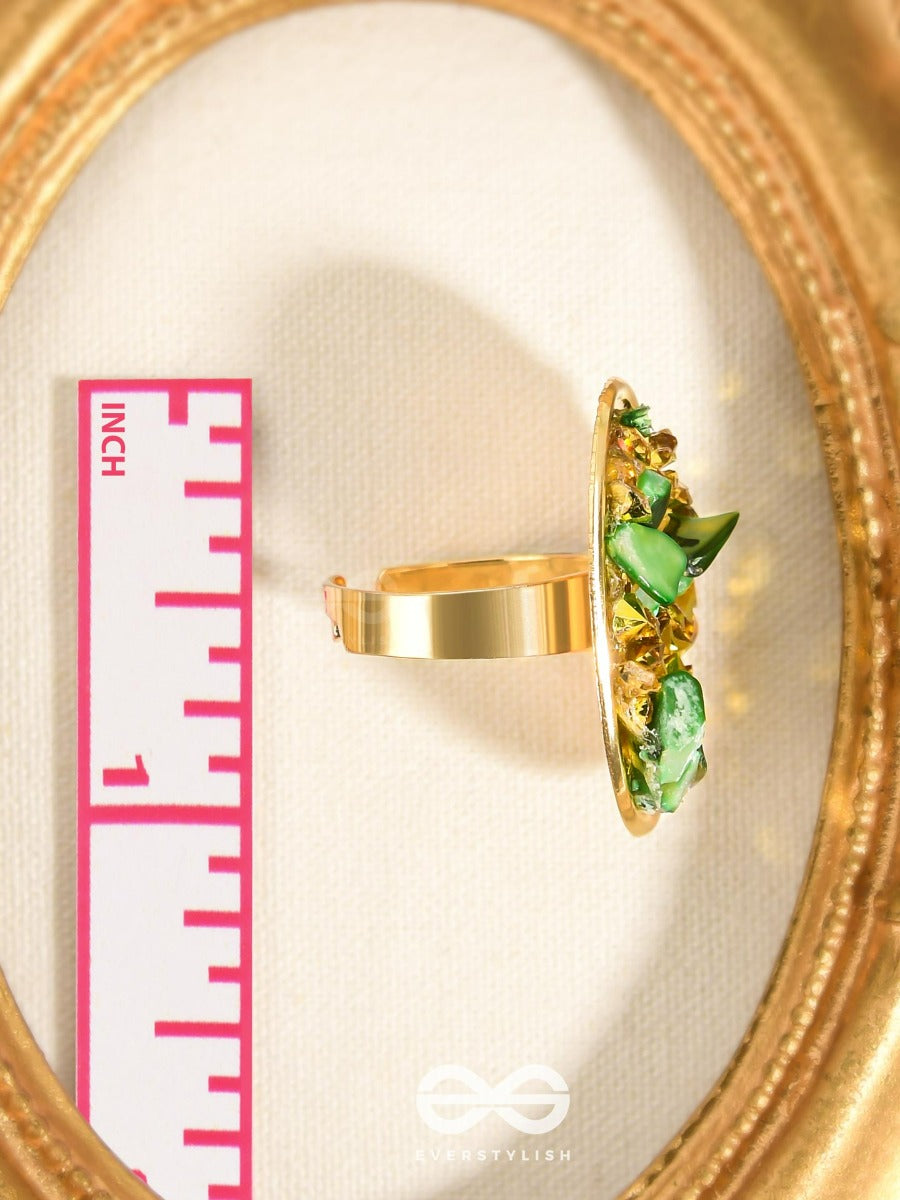 Sparkles & Stones - Golden Embellished Ring (Green) (Adjustable)