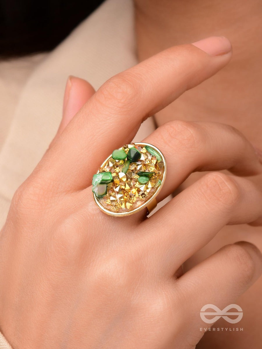 Sparkles & Stones - Golden Embellished Ring (Green) (Adjustable)