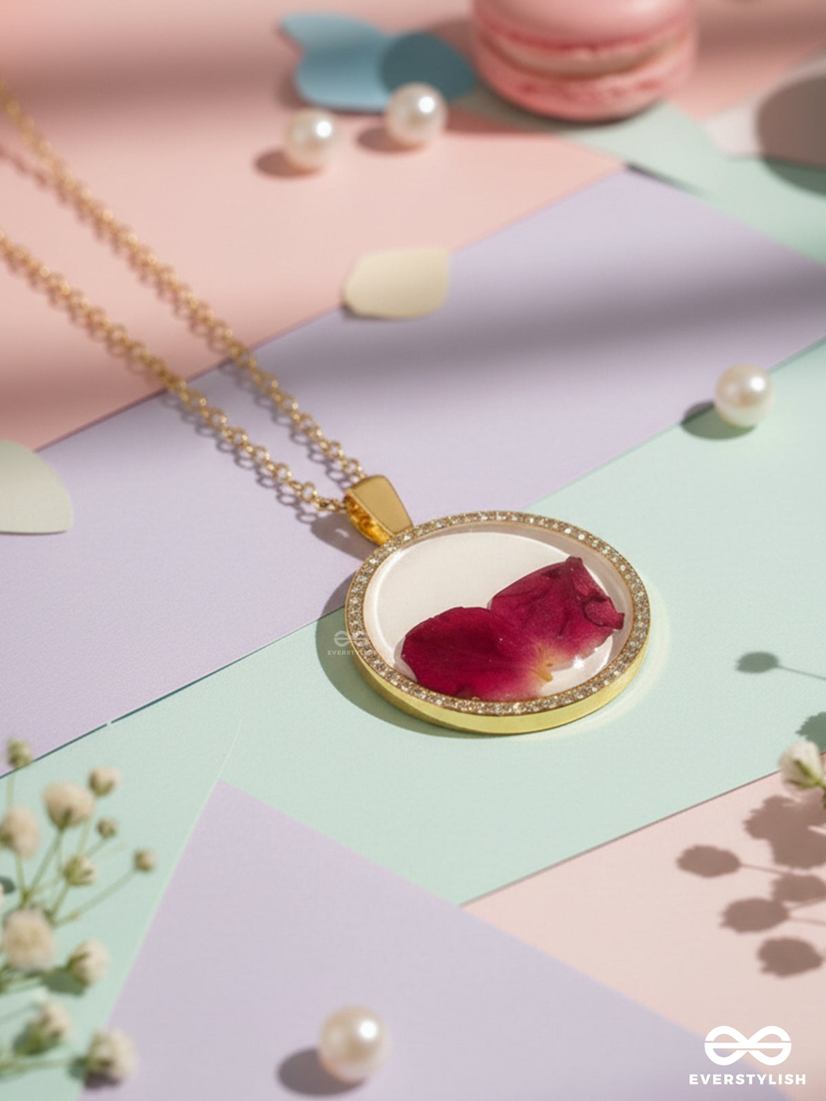Bloom And Blush - Pressed Flowe Resin Pendant With Anti-Tarnish Coating