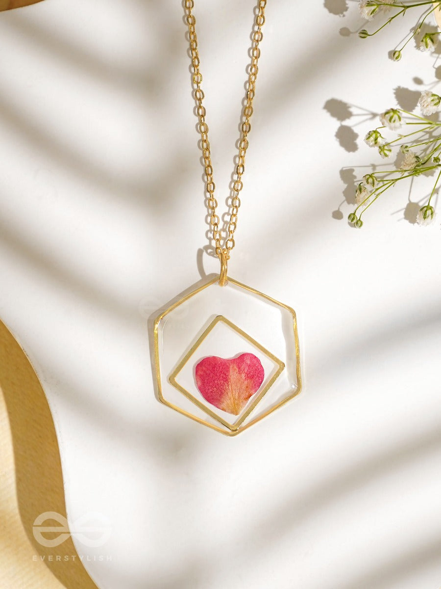 Heart Of Rose - Pressed Flower Resin Pendant With Anti-Tarnish Coating
