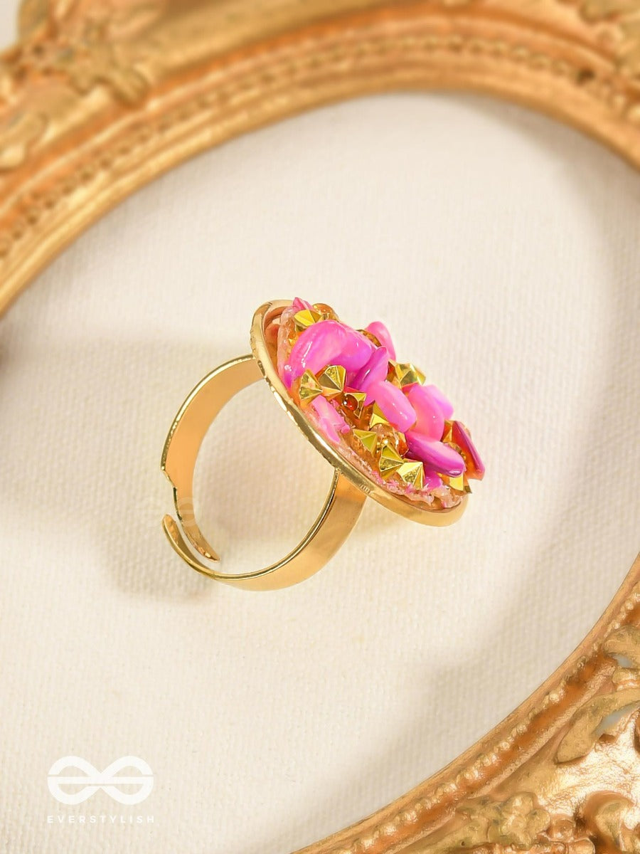 Sparkles & Stones - Golden Embellished Ring (Pink) (Adjustable)