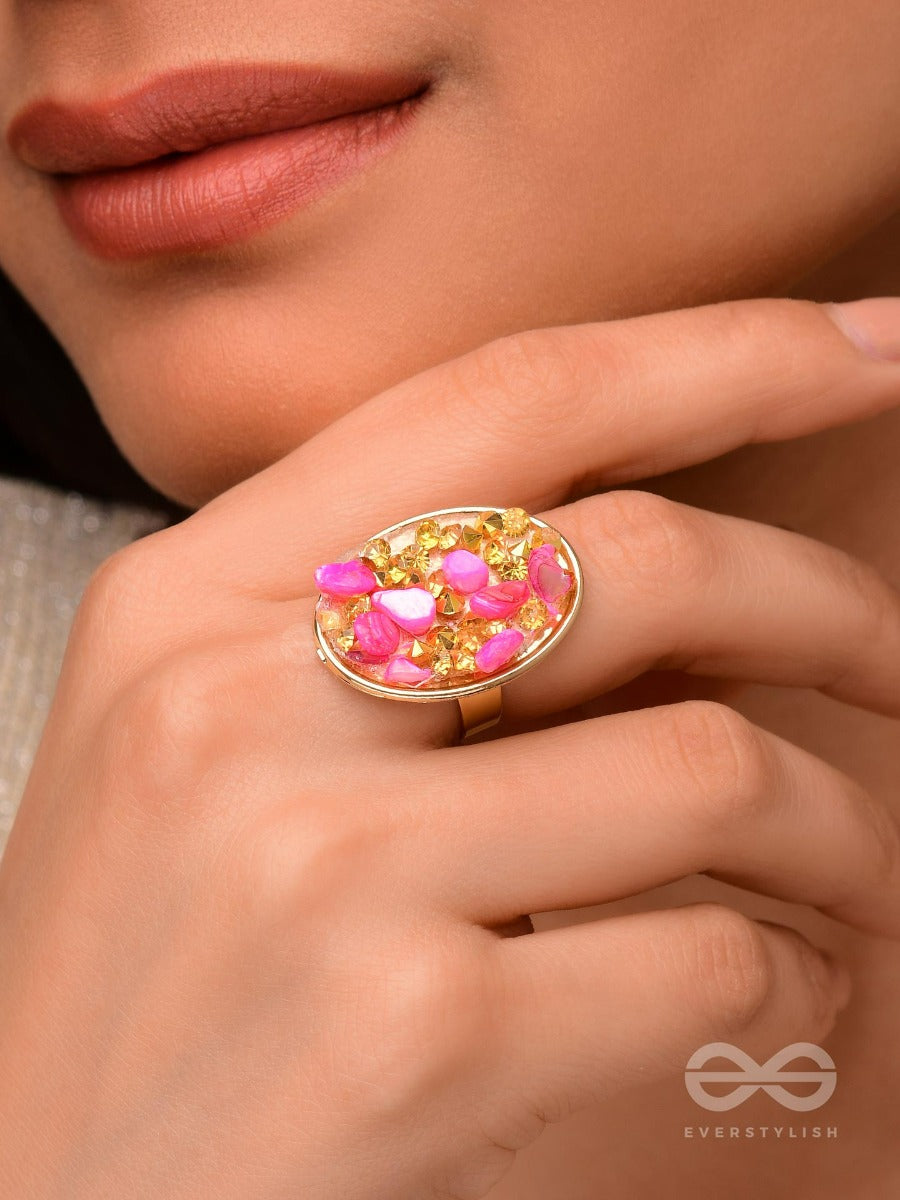 Sparkles & Stones - Golden Embellished Ring (Pink) (Adjustable)