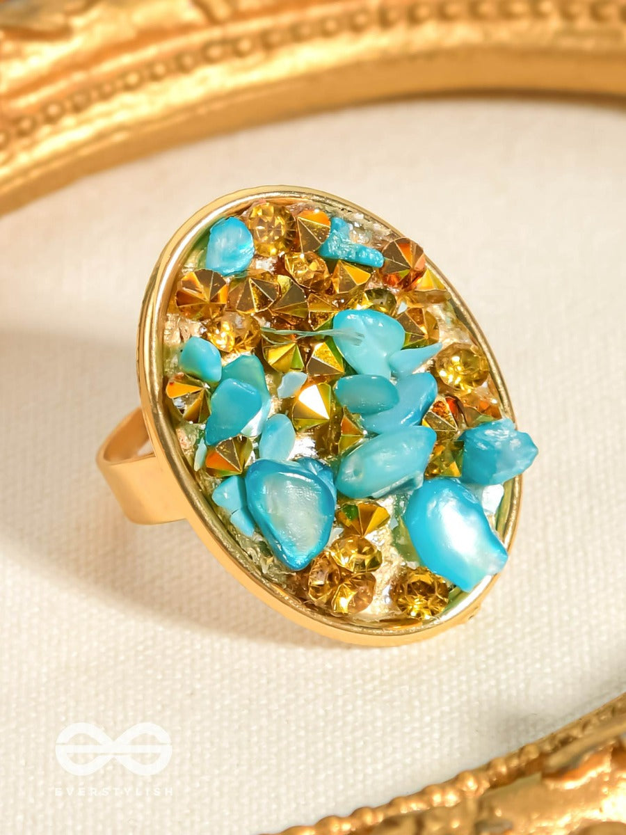 Sparkles & Stones - Golden Embellished Ring (Blue) (Adjustable)