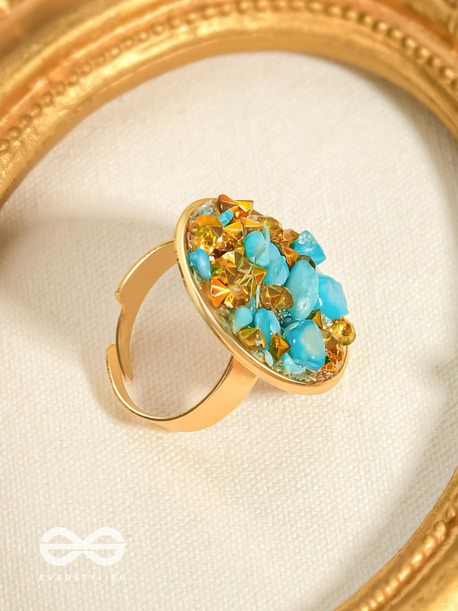 Sparkles & Stones - Golden Embellished Ring (Blue) (Adjustable)