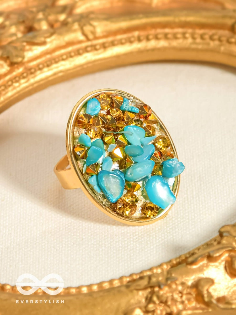 Sparkles & Stones - Golden Embellished Ring (Blue) (Adjustable)