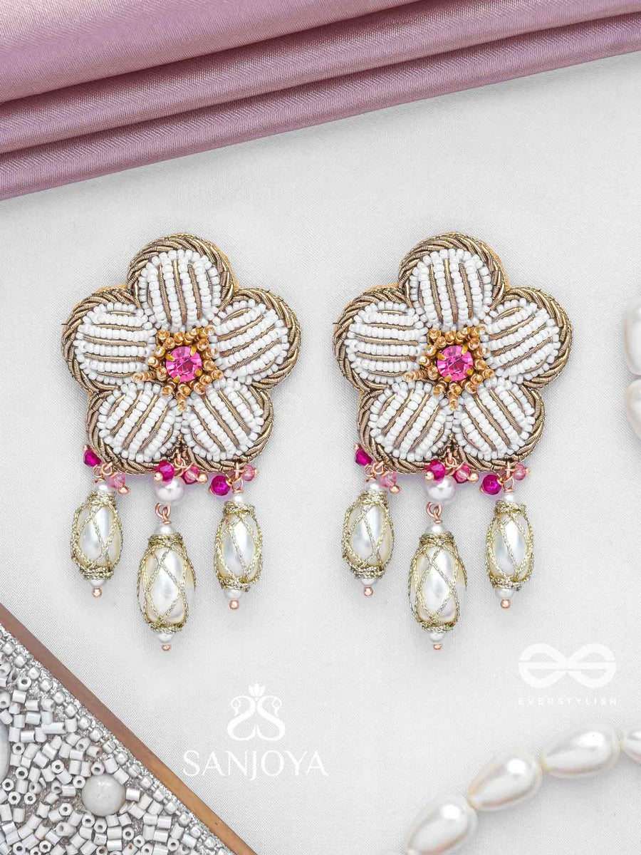 Abhrapuspa - The Cloudy Flower- Stones, Beads And Pearl Drops Hand Embroidered Earrings