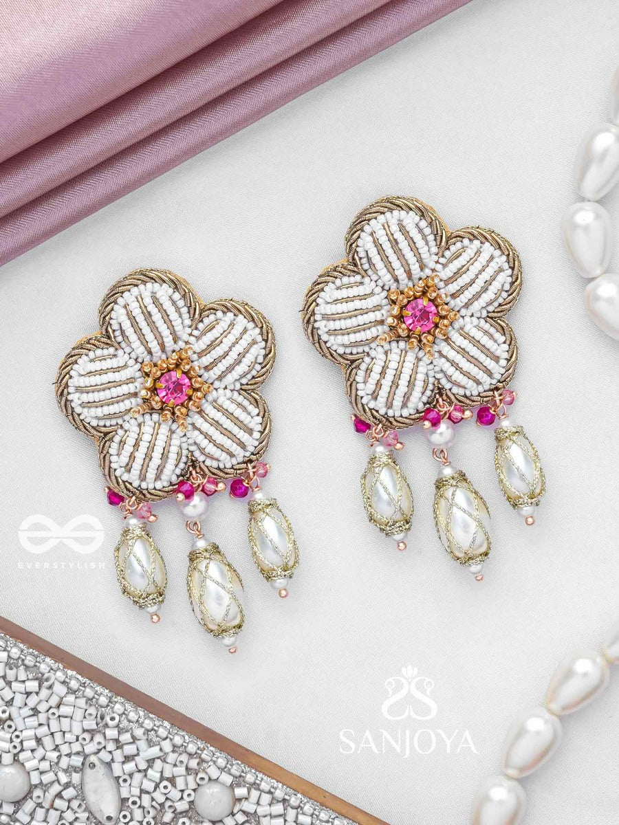 Abhrapuspa - The Cloudy Flower- Stones, Beads And Pearl Drops Hand Embroidered Earrings