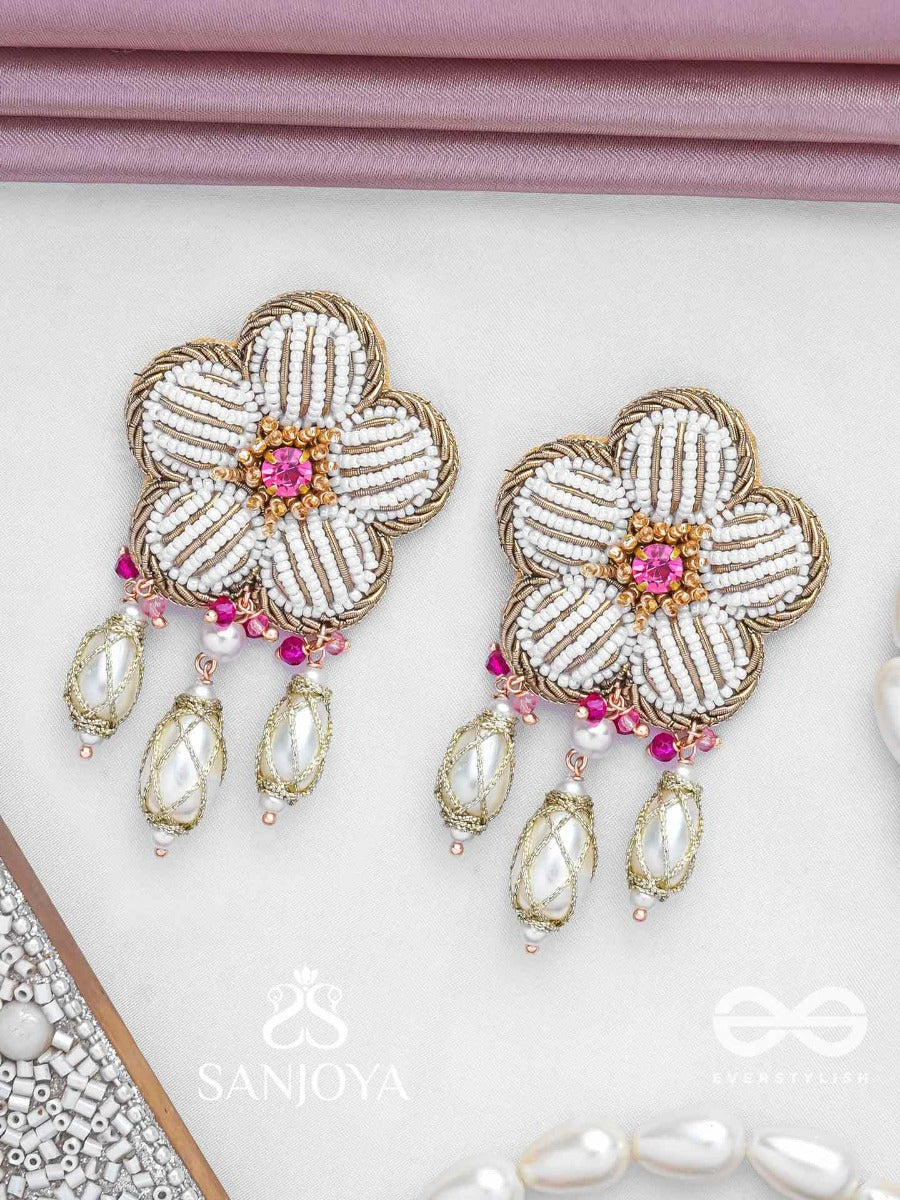 Abhrapuspa - The Cloudy Flower- Stones, Beads And Pearl Drops Hand Embroidered Earrings