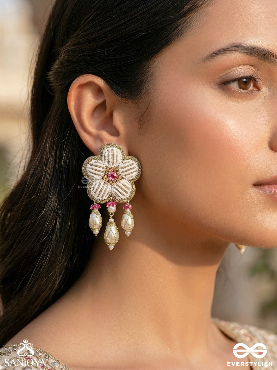 Abhrapuspa - The Cloudy Flower- Stones, Beads And Pearl Drops Hand Embroidered Earrings