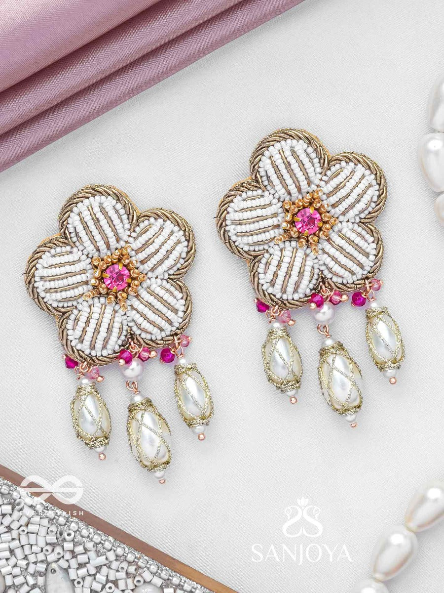Abhrapuspa - The Cloudy Flower- Stones, Beads And Pearl Drops Hand Embroidered Earrings