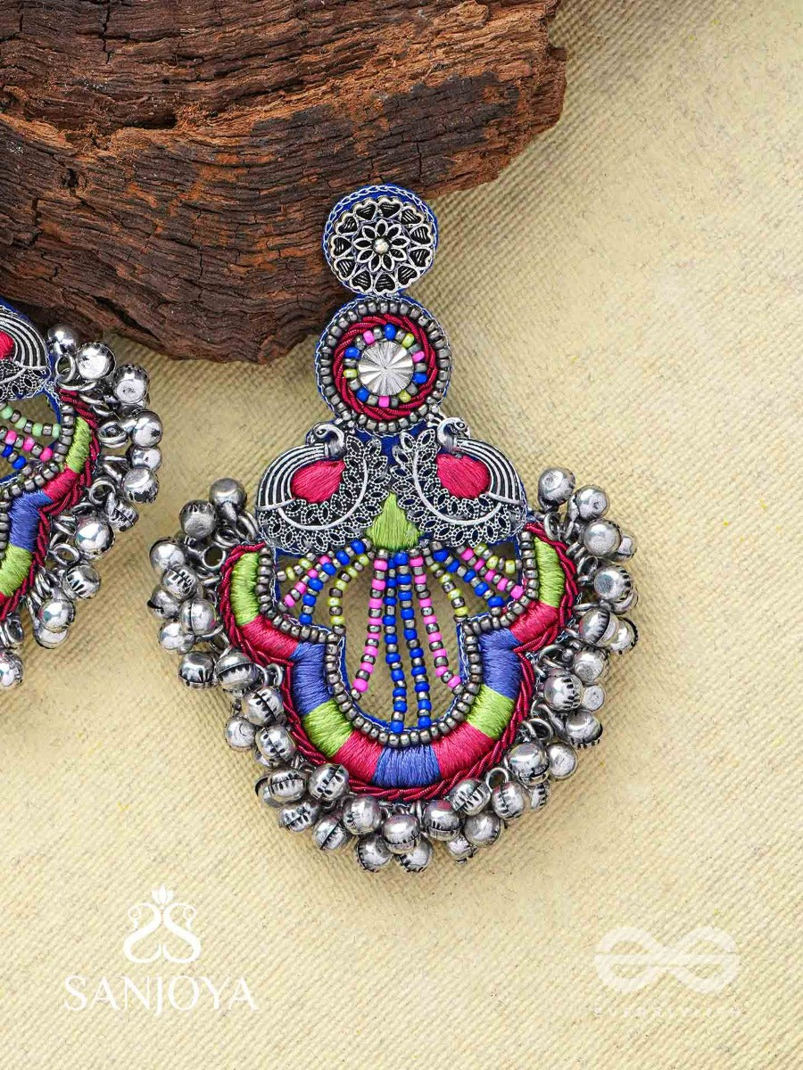 Abheri - The Melodic Dance - Resham And Beads Hand Embroidered Oxidised Earrings