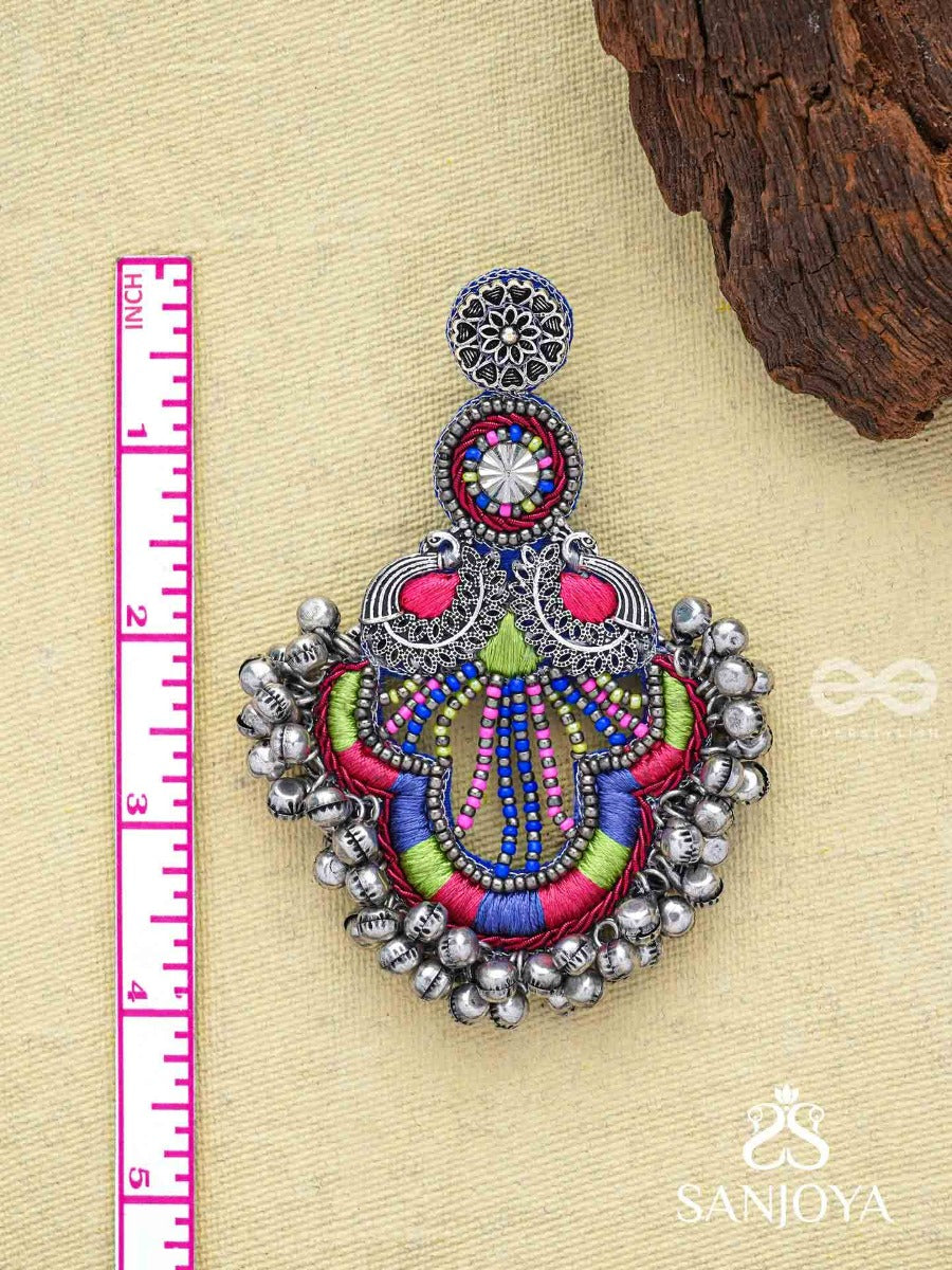 Abheri - The Melodic Dance - Resham And Beads Hand Embroidered Oxidised Earrings