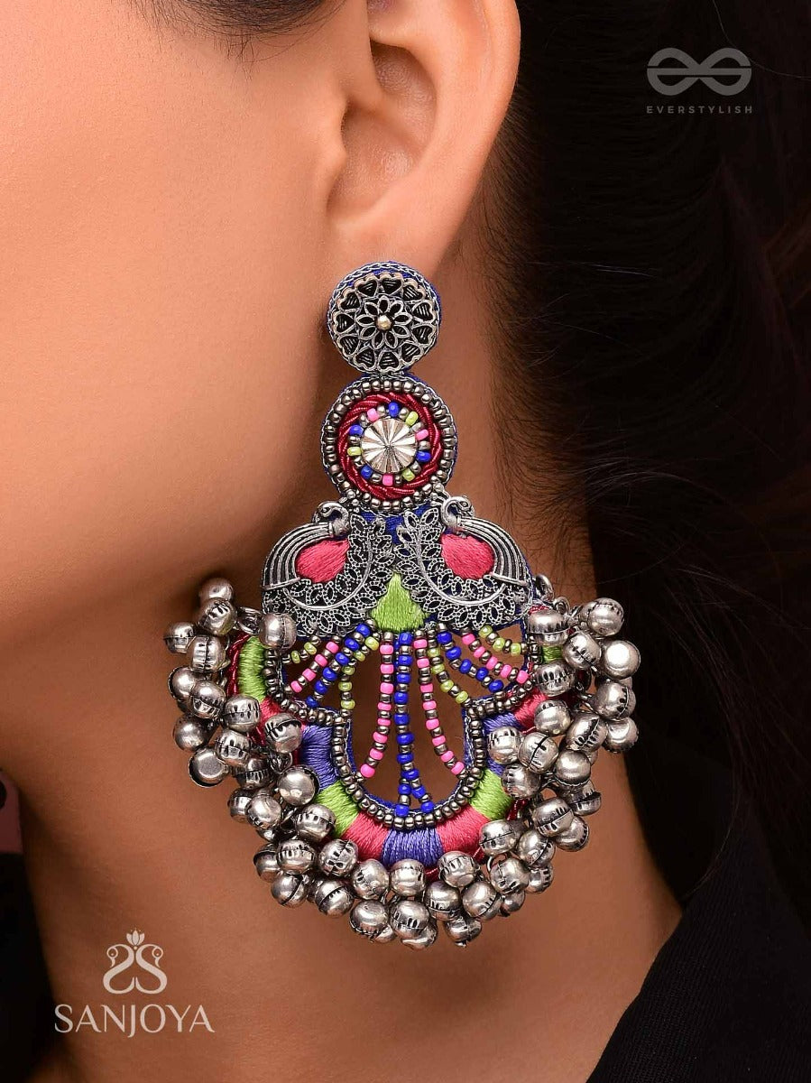 Abheri - The Melodic Dance - Resham And Beads Hand Embroidered Oxidised Earrings