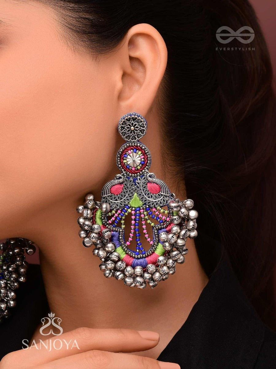 Abheri - The Melodic Dance - Resham And Beads Hand Embroidered Oxidised Earrings