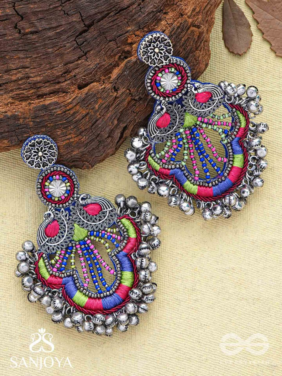 Abheri - The Melodic Dance - Resham And Beads Hand Embroidered Oxidised Earrings