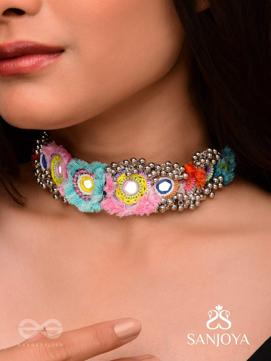 Ataya - The Spring's Palette - Beads, Mirror And Resham Hand Embroidered Oxidised Neckpiece