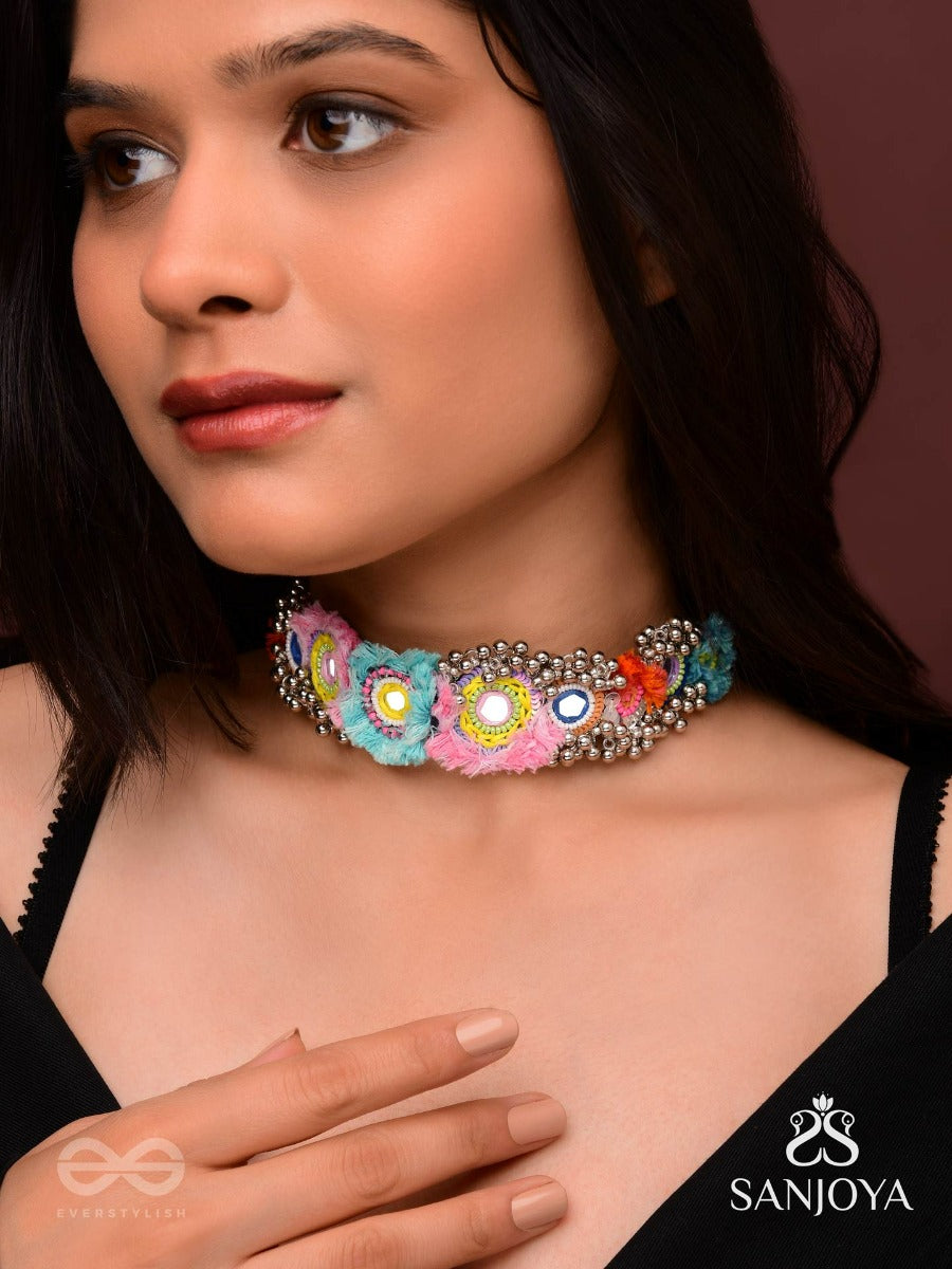 Ataya - The Spring's Palette - Beads, Mirror And Resham Hand Embroidered Oxidised Neckpiece