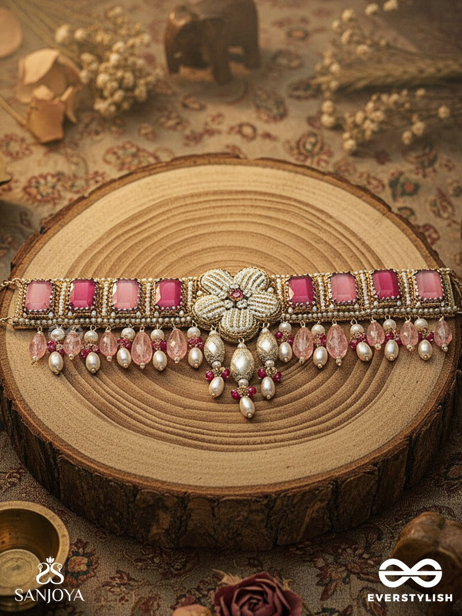 Chaandikusuma - The Royal Blossom- Stone, Beads, Glass And Pearl Drops Hand Embroidered Choker Neckpiece
