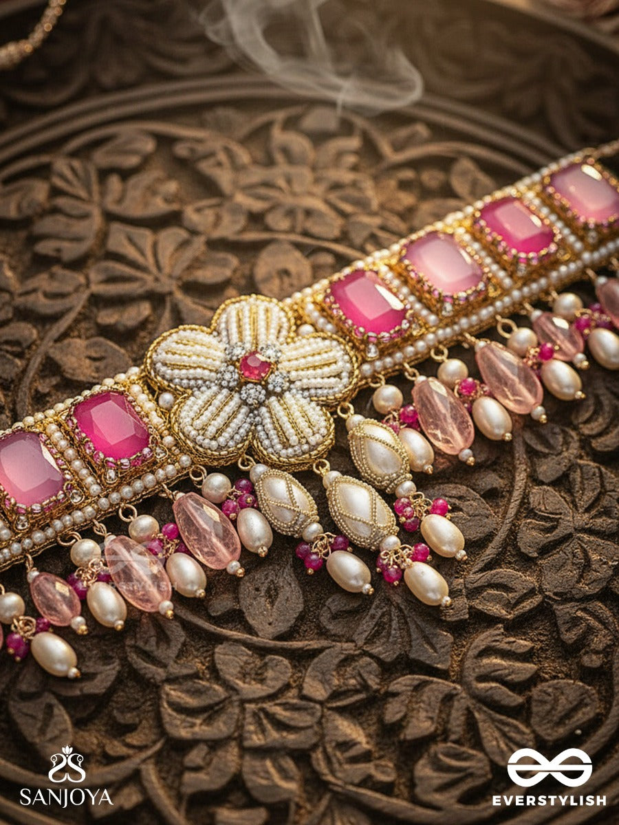 Chaandikusuma - The Royal Blossom- Stone, Beads, Glass And Pearl Drops Hand Embroidered Choker Neckpiece