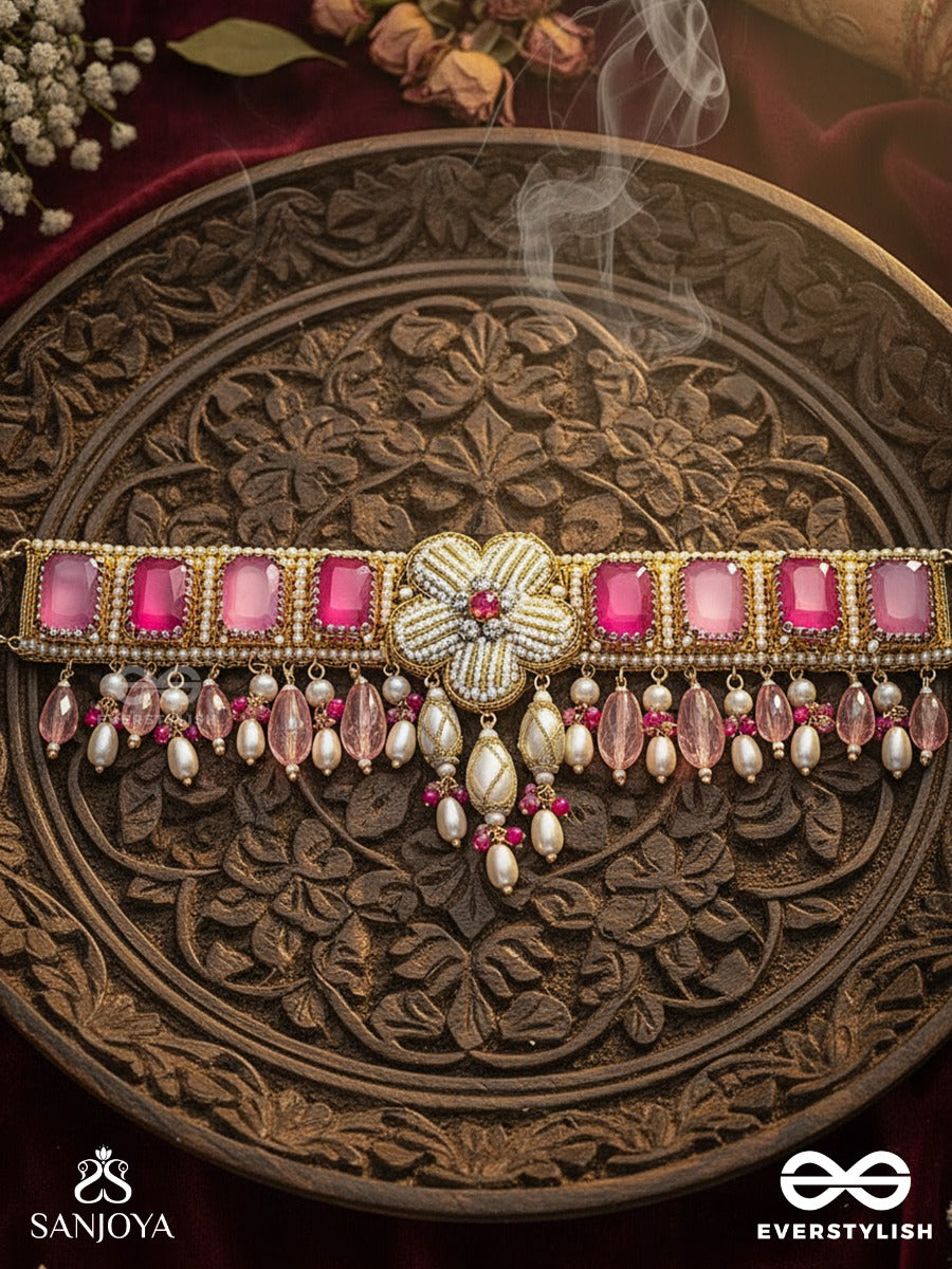 Chaandikusuma - The Royal Blossom- Stone, Beads, Glass And Pearl Drops Hand Embroidered Choker Neckpiece