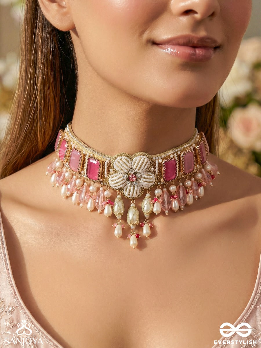 Chaandikusuma - The Royal Blossom- Stone, Beads, Glass And Pearl Drops Hand Embroidered Choker Neckpiece