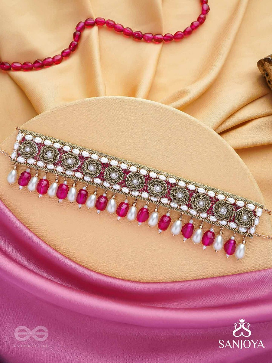 Paurandhra- The Divine Feminism- Beads, Pearl And Glass Drops Hand Embroidered Choker Neckpiece