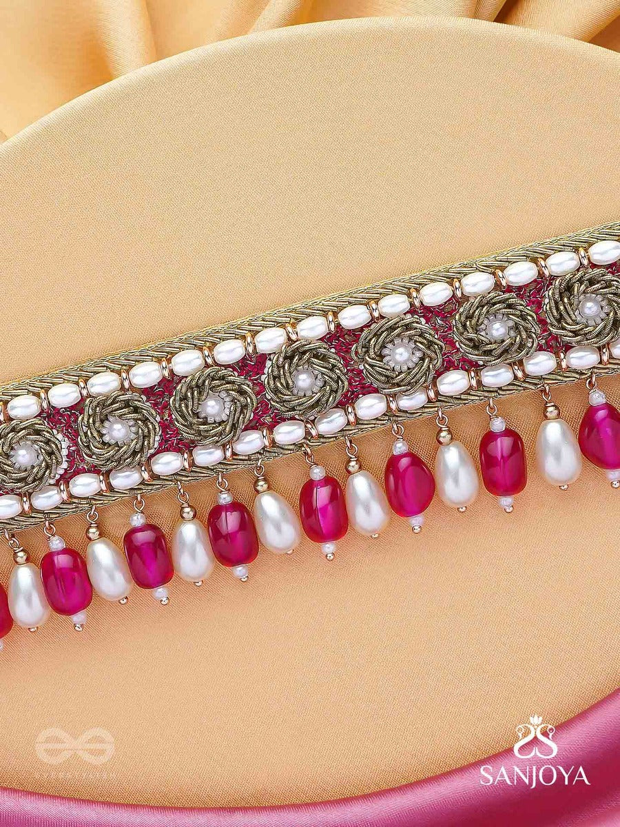 Paurandhra- The Divine Feminism- Beads, Pearl And Glass Drops Hand Embroidered Choker Neckpiece