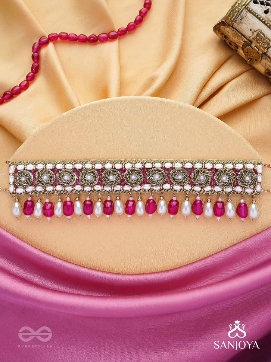 Paurandhra- The Divine Feminism- Beads, Pearl And Glass Drops Hand Embroidered Choker Neckpiece