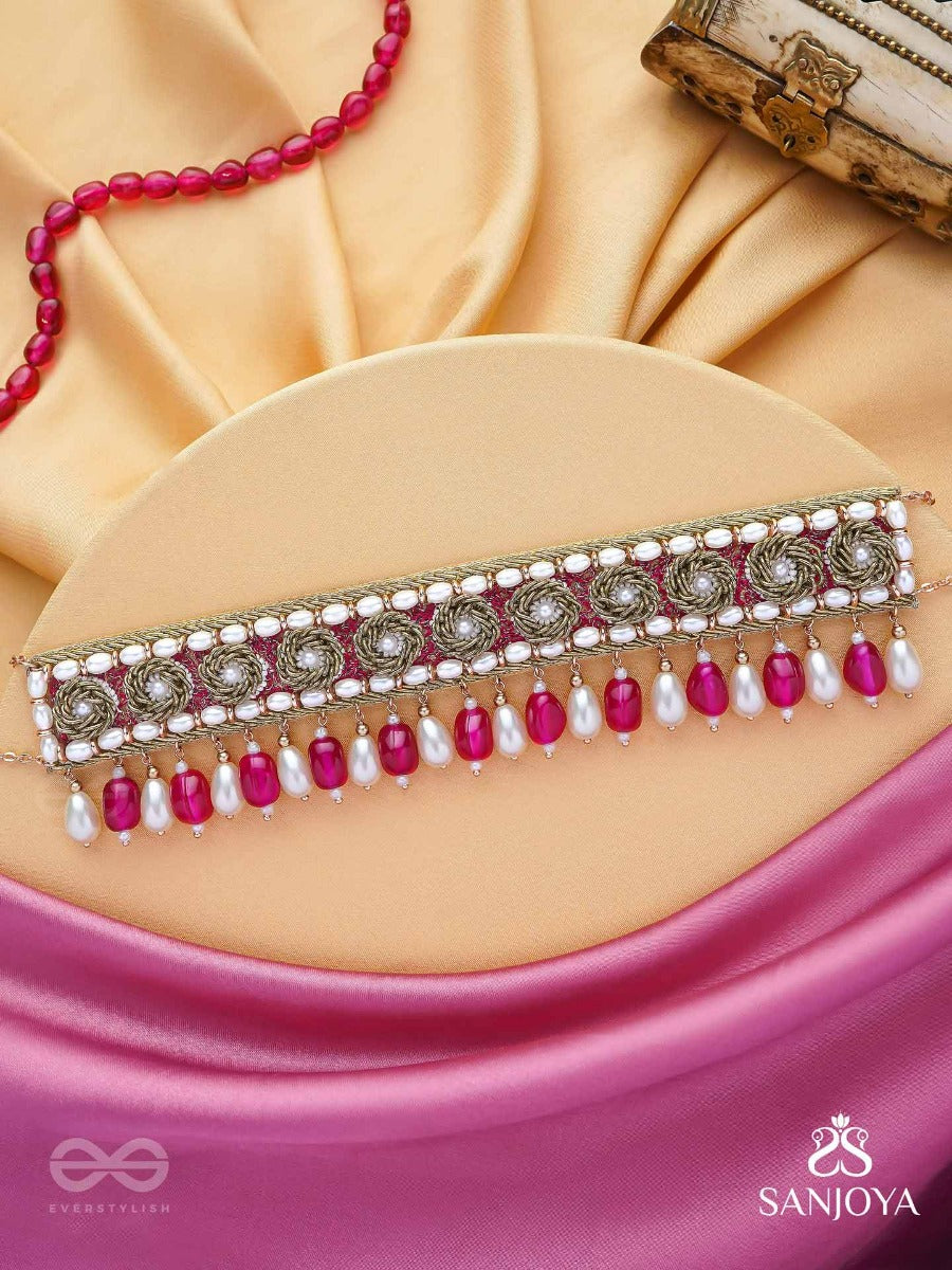Paurandhra- The Divine Feminism- Beads, Pearl And Glass Drops Hand Embroidered Choker Neckpiece