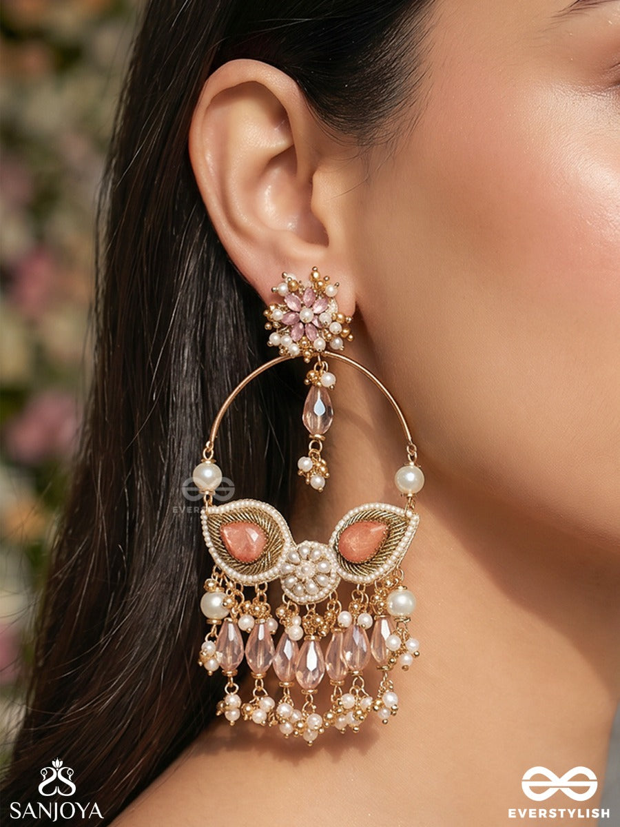Satpushpa- The Blooming Grace- Stones, Beads, Pearls And Glass Drops Hand Embroidered Crystal Chandelier Earrings