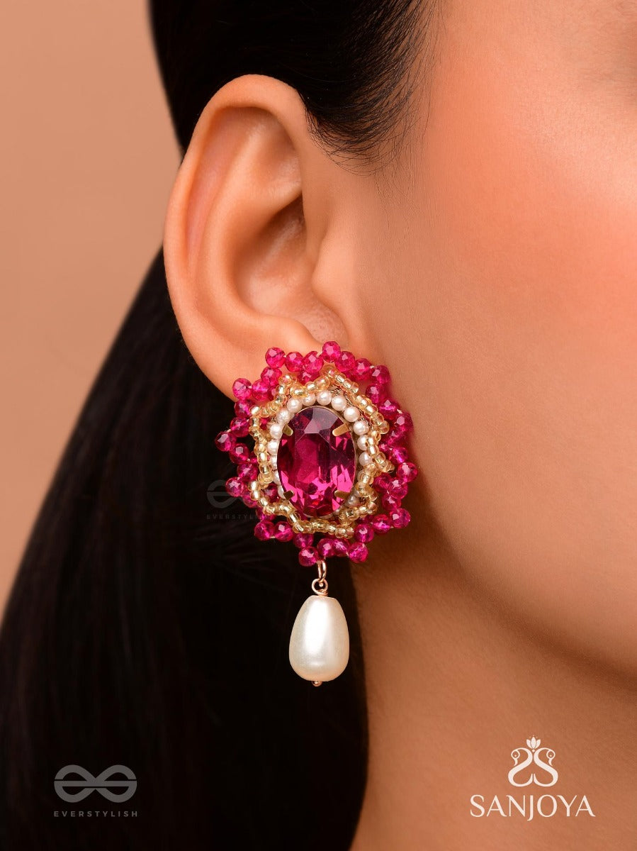 Vasatya- The Pink Dust- Stones, Beads And Pearl Drops Hand Embroidered Earrings