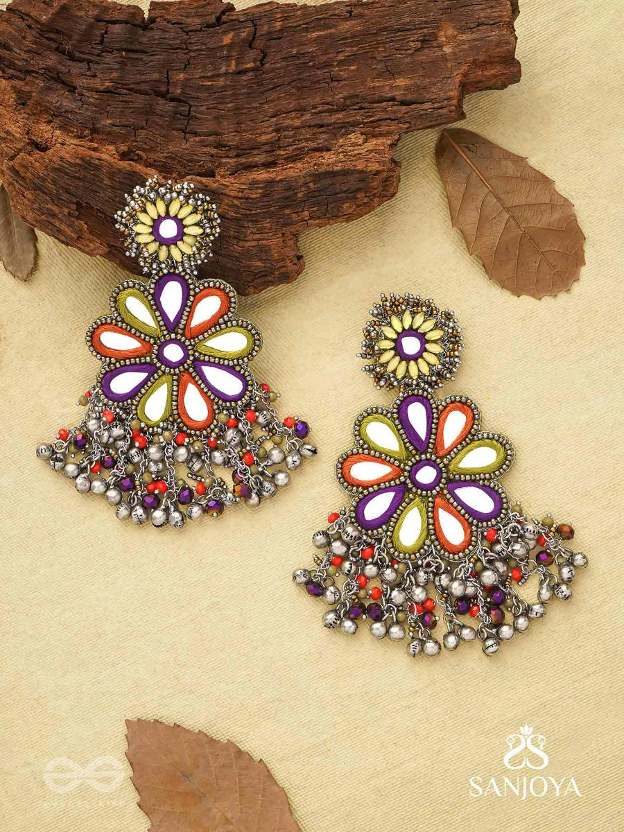 Ambuvasini - The Angel's Flower - Mirror, Resham And Beads Hand Embroidered Oxidised Earrings